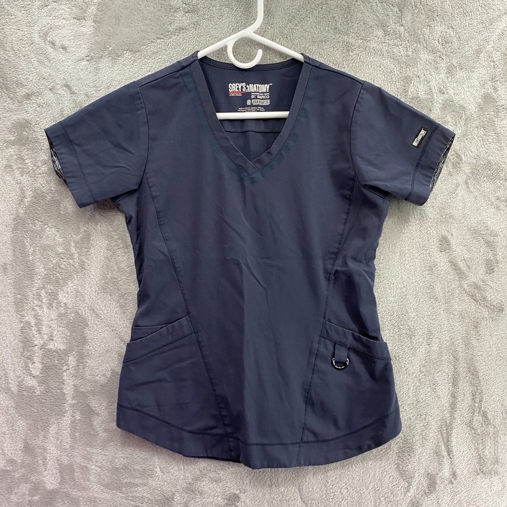 Grey's Anatomy Barco Impact Scrub Top Womens XS Navy Blue V Neck Stretch Pockets